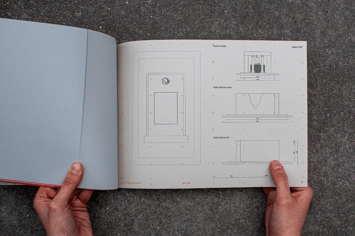Open spread of the Anti-Atene book showing an architectural technical drawing with front and side elevation views, annotated with measurements
